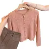 Estilo suave estilo coreano rosa vazado de malha com mangas compridas cardigã feminino início do outono único bonito casaco curto estilo absolutamente deslumbrante suéter