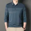 Camiseta de manga longa com gola para homens, direto da fábrica, para homens de meia-idade e idosos, top com bolso real, polo listrada
