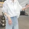 Camisa com Recortes, Blusa Branca Elegante para Mulheres, Moda Coreana Primavera e Outono 2026 Renda Leve Luxo Casual Manga Longa Top para Mulheres