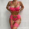 Verão Novo Cruzamento de Fronteira Lingerie Sexy Feminina Sexy Malha Costurada Renda Cílios Corrente Pendurada Conjunto de Ligas com Laço