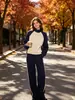 Conjunto esportivo outonal em blocos de cor com gola alta para mulheres, jaqueta com listras laterais, calça pantalona, conjunto casual de duas peças, em estoque 5063709