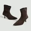 Botas de tornozelo femininas de camurça com bico fino, corte justo, novo estilo outono/inverno, camurça, saltos finos, botas de tornozelo elásticas