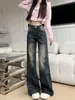 Jeans para Meninas Gordas Plus Size Feminino Outono Estilo Streetwear Americano Personalidade Patchwork Perna Reta Micro Flare Calças Estilo Hot Girl Comprimento Total