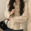 Blusa feminina top de manga longa com babados e decote V com laço, estilo Dongdaemun coreano, moda suave e jovem, única