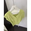 Suéter de Punto de Color Sólido Simple Estilo Coreano con Diseño de Superposición Cruzada de Doble Capa, Top Versátil de Verano para Mujer