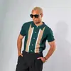 Nueva ropa exterior para hombre de comercio exterior europeo y americano: camisa con cuello, de bloques de color, cárdigan de un solo botón, camisa de punto de manga corta