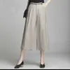 Calça de Linho e Algodão Color Sólida Estilo Verão 2026 Artística Plus Size de Perna Larga para Mulheres, Calça Cropped Casual Confortável para Mulheres
