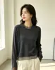 Top de Punto de Manga Larga con Cuello de Encaje de Malla de Color Sólido Simple con Dobladillo de Gasa Estilo Suave Principios de Otoño Ajustado Capa Base para Mujer