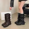 Botas Longas Versáteis com Salto Grosso Empilhado e Fivela de Cinto Botas Calça para Mulheres Outono e Inverno 2025 Novas Botas de Cavaleiro de Jeans de Alta Qualidade