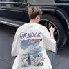 Camiseta de Manga Corta con Cuello Redondo Estampado del Monte Fuji para Hombre Verano 2025 Delgada Moda Americana High Street Marca Ropa de Pareja de Manga Tres Cuartos