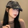 Gorra Vintage de Mezclilla Negra con Remaches para Mujer Lavada de Cara Vieja Pequeña Boina Estilo Americano Sombrero para Cabeza Grande Trendy