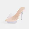 Novas Sandálias de Salto Alto de Verão Estilo Fada Cor Nude Tira Única Plataforma Impermeável Salto de Cristal Transparente Sapatos Sexy Femininos