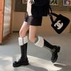 Snow Girl ~ Botas de couro de vaca de lã completa Knight 2024 Inverno Sola grossa Salto médio grosso Botas de couro de cano alto Mao Mao femininas