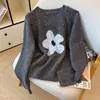 Nuevo diseño estilo coreano para otoño e invierno, suéter de punto de cuello redondo, hilo colorido, contraste de color floral para mujer