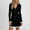Vestido Suéter Feminino Estilo Novo Transfronteiriço com Cores Contrastantes, Cintura Marcada, Malha Emagrecedora Vestido Linha A, Vestido de Manga Longa Outono e Inverno