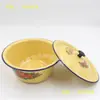 Lavabo Amarillo Esmaltado Grueso Antiguo Nostálgico Profundizado con Tapa Olla para Sopa Tapa de Olla Olla para Manteca Olla para Condimentos