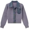 Suéter Patchwork de Mezclilla Otoño/Invierno 2025 para Mujer, Ceñidor de Cintura, Cuello Solapa, Cárdigan de Punto Acanalado, Corte Holgado, Adelgazante