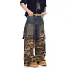 Jeans Americanos Lavados Desgastados para Hombre, Jeans de Trabajo Sueltos Camuflaje Desgastados Retro de Dos Piezas Falsas para Hombres y Mujeres