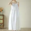 Vestido fresco e arejado de algodão e linho com alça longa, novo vestido longo casual de verão simples solto multicolorido ajustável