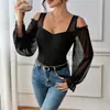 Mono de Comercio Exterior Transfronterizo de Amazon con Hombros Descubiertos Transparente de Manga Larga Sexy para Chica Caliente Cuadrado Delgado Mono para Mujer Negro