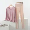 Conjunto de Modal Tallas Grandes para Primavera y Otoño, Cómodo Holgado Casual Cuello en V Manga Larga Pantalones de Cintura Alta Ropa de Casa Conjunto de Dos Piezas