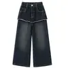 Calça Casual de Outono para Meninas 2026 Novo Estilo Coreano Moda Infantil Calça Jeans de Primavera/Outono Falsa Duas Peças Wide Leg Tendência