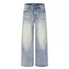 Calça jeans masculina punk americana desgastada, estilo workwear moderno, lavagem degradê desbotada, perna larga, solta, corte reto