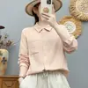 Camisa de manga larga de gasa de algodón de doble capa estilo japonés para mujer, suave y amigable con la piel, algodón puro, diseño de cuello alto, top con bolsillo grande