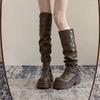 Botas Longas de Couro Marrom Estilo Britânico com Solado Grosso para Mulheres, Novo Modelo de Inverno, Botas Arredondadas Acima do Joelho com Salto Grosso, Botas de Equitação de Cano Alto Vintage