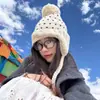Gorro de Lana de Lunares Estilo Coreano para Mujer, Gorro de Punto con Pompón de Corazón de Nicho para Mujer, Cálido Versátil Atmosférico para Otoño e Invierno, Adelgazante