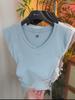 Blusa de Verão com Cintura Plissada, Decote V, Mangas Curtas Borboleta Pequenas, Design Sexy Slim Niche, Camiseta para Mulheres