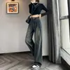 Jeans de Pierna Ancha Gris Cemento Otoño para Mujer Cintura Alta Forro Polar Otoño e Invierno Retro Nostálgico Holgado Casual Pantalones de Piso