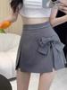 Calça Saia Feminina 2025 Primavera Novo Estilo com Design de Laço, Saia Doce Cinza, Cintura Alta, Saia Evasê Emagrecedora