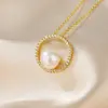 Novo Estilo Simples Moda Geométrica Redonda Pérola Natural de Água Doce Pingente Feminino Alto Padrão Nicho Prata Esterlina Acessórios de Colar
