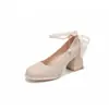Zapatos de tacón alto estilo francés con lazo de cinta de perlas para mujer, tacón grueso, boca poco profunda con lentejuelas, plataforma impermeable, zapatos Mary Jane