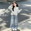 Conjunto de calça jeans com estampa de estrelas para meninas, roupas de outono para crianças, conjunto da moda estilo coreano, conjunto fofo de duas peças com moletom para meninas pequenas