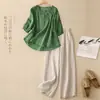Conjunto de verão de algodão e linho para mãe, novo conjunto estiloso de 2 peças para mulheres 2025: camisa bordada de linho e calça pantalona