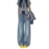 Jeans rectos de mezclilla lavada desgastada vintage azul para mujer, pantalones casuales holgados de otoño, pantalones largos, pantalones de pierna ancha, pantalones de pierna curva