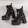 Tamanhos 35-43 Botas de Couro Femininas Outono e Inverno, Bico Redondo Couro Envernizado Impermeável Plataforma Meia-Canela Cruzamento de Fronteira Tamanho Grande Botas Femininas, Salto Quadrado Botas Martin