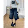 Pantalones Cortos de Mezclilla Azul Oscuro Estampado de Estrellas Estilo Retro Americano 2026 Verano Delgados Sueltos Lavados de Pierna Ancha