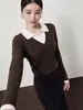 Roupas femininas transfronteiriças no atacado, top de malha polo color-block outono 2026, camisa de manga comprida para o trabalho