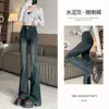 Jeans Cinza Cimento Slim Feminino Verão 2024 Novo Cintura Alta Slim Flare Calças Femininas Primavera e Outono