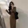 Vestido Tricot Botões Novo Estilo Início de Primavera com Mangas Longas, Laço, Acabamento em Veludo, Elástico, Elegante, Ajuste ao Corpo, Vestido de Manga Longa