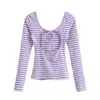 Camiseta sexy de rayas de manga larga para mujer, diseño de principios de otoño con espalda descubierta, tirantes cruzados en la espalda, corte ajustado y cuello en U pronunciado, estilo corto