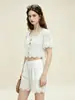 Traje Bordado Hueco Francés Original Nanyou para Mujer Top Corto de Encaje con Cordones Cuadrado Conjunto de Dos Piezas con Pantalones Cortos de Cintura Elástica para Vacaciones