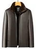 Jaqueta masculina integrada de couro e pele, forrada com fleece e espessa, com gola virada, casaco de inverno quente para pais de meia-idade e idosos