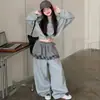 Conjunto de Moletom com Lantejoulas Prateadas para Meninas Outono Nova Chegada Estilo Coreano Calça Wide Leg com Babados e Xadrez Calça de Moletom para Crianças Grandes Calça Longa