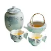 Juego de Té Verde con Flor de Hortensia Azul Pintada a Mano, Tetera, Tazón con Tapa, Juego de Té Cerámico Estilo Fresco Kung Fu, Taza de Servicio, Taza de Degustación