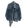 Chaqueta de Mezclilla a Cuadros con Empalme Irregular Diseño Falso de Dos Piezas Chaqueta Holgada para Hombre Top de Moda Oversize
