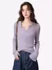 Camisa base de punto para mujer estilo coreano, cuello polo, manga larga, corte ajustado, hermoso top morado taro para principios de otoño